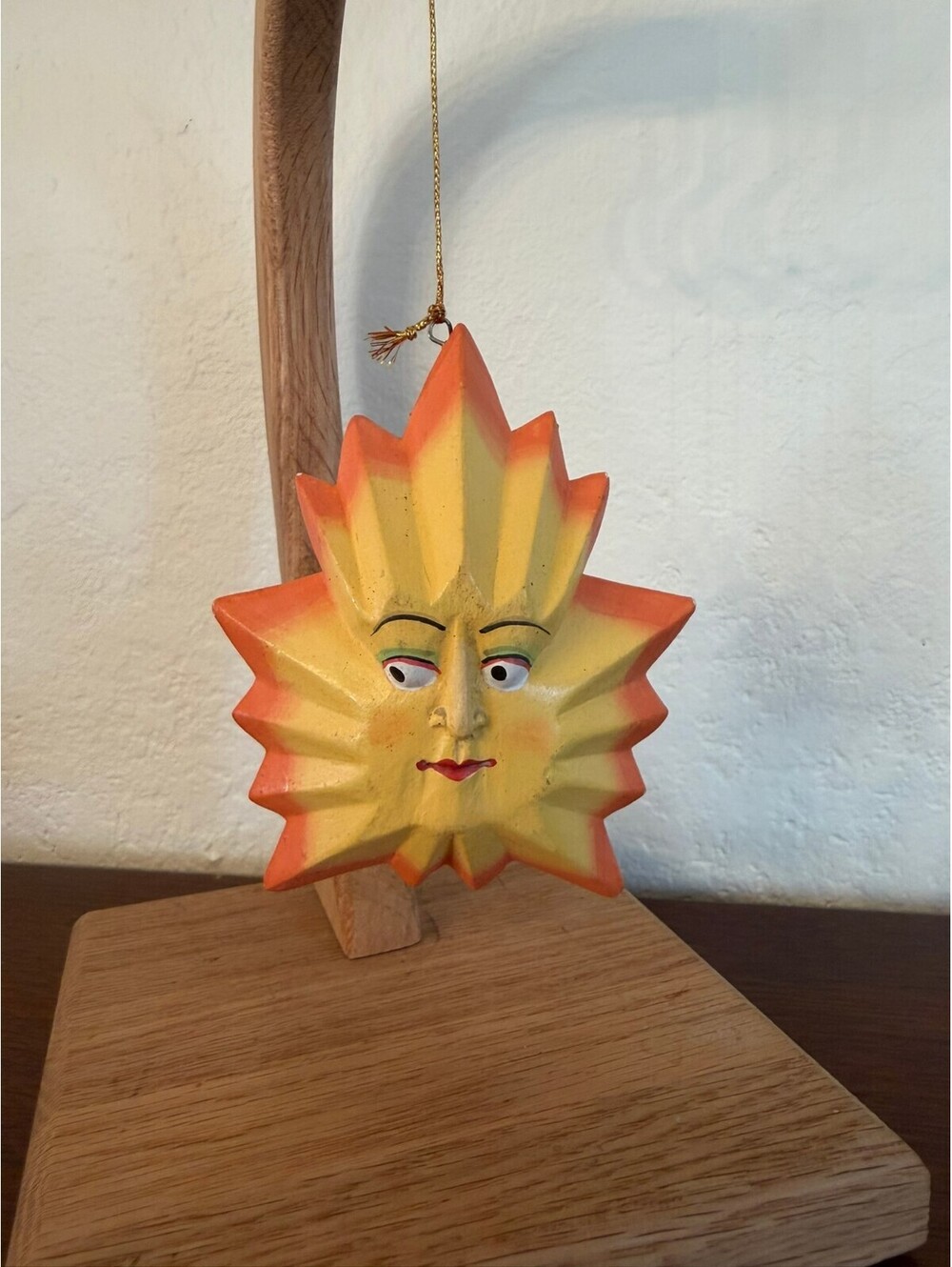 Vintage 90s Celestial Sun Face Ornament Hand Painted Folk Art Boho Decor
